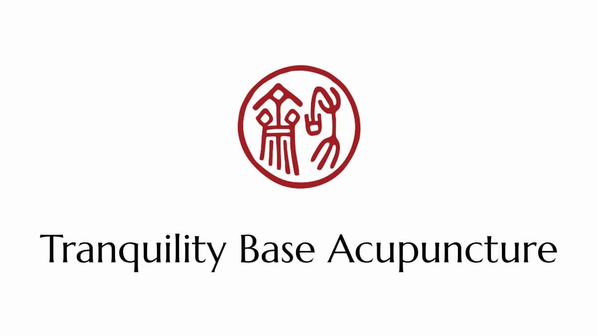 Logo for Tranquility Base Acupuncture featuring a red circular graphic with abstract human and animal figures above the business name.